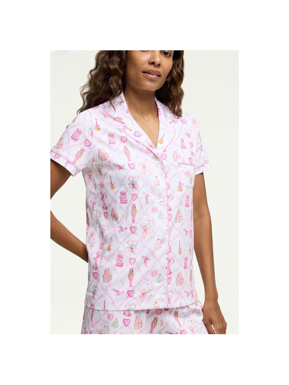 LoveShackFancy Pink & White Short Sleeve Pajama Top - Novelty Print